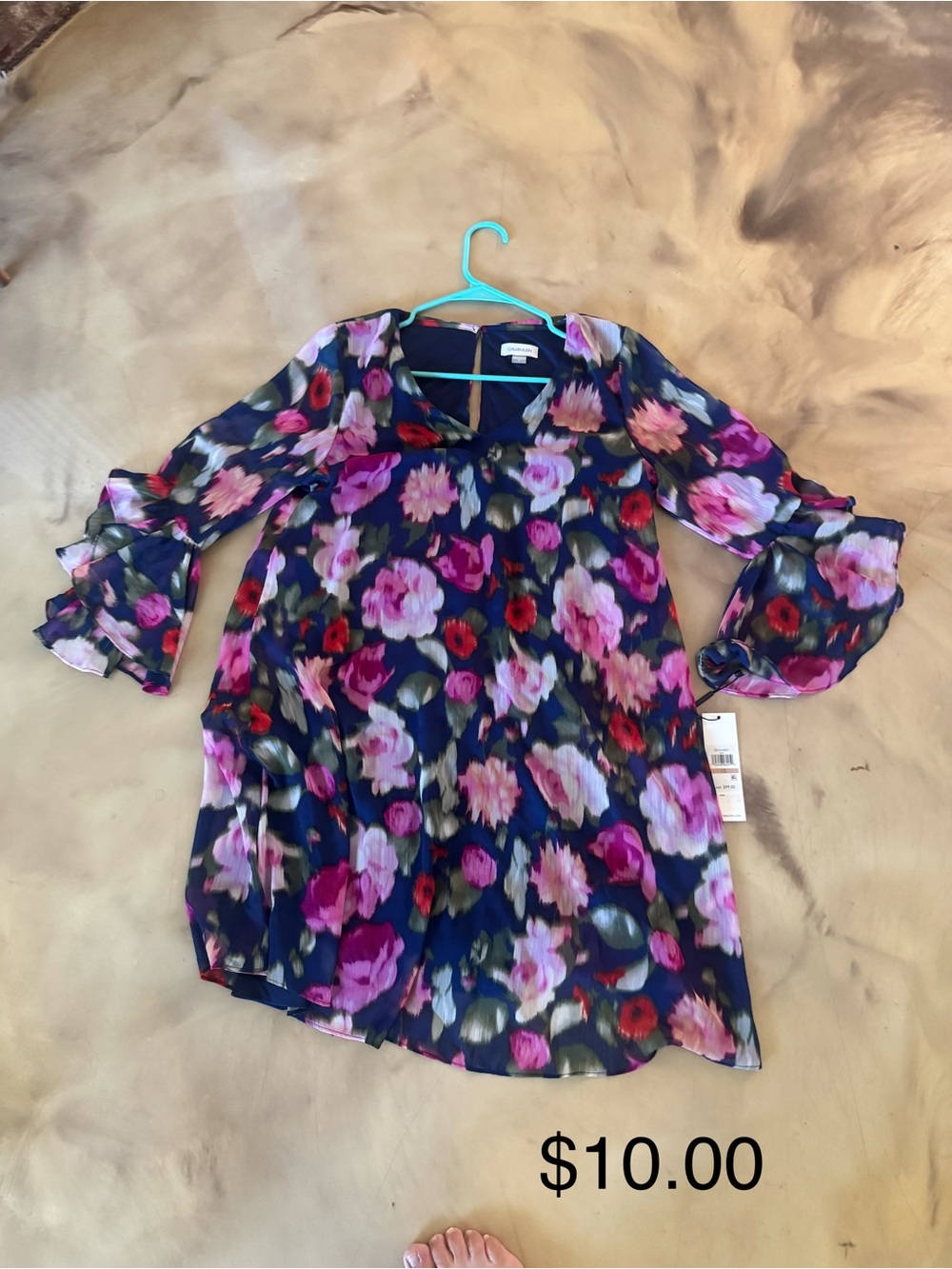 Calvin Klein Navy Floral Chiffon Dress with Pink & Purple Blooms